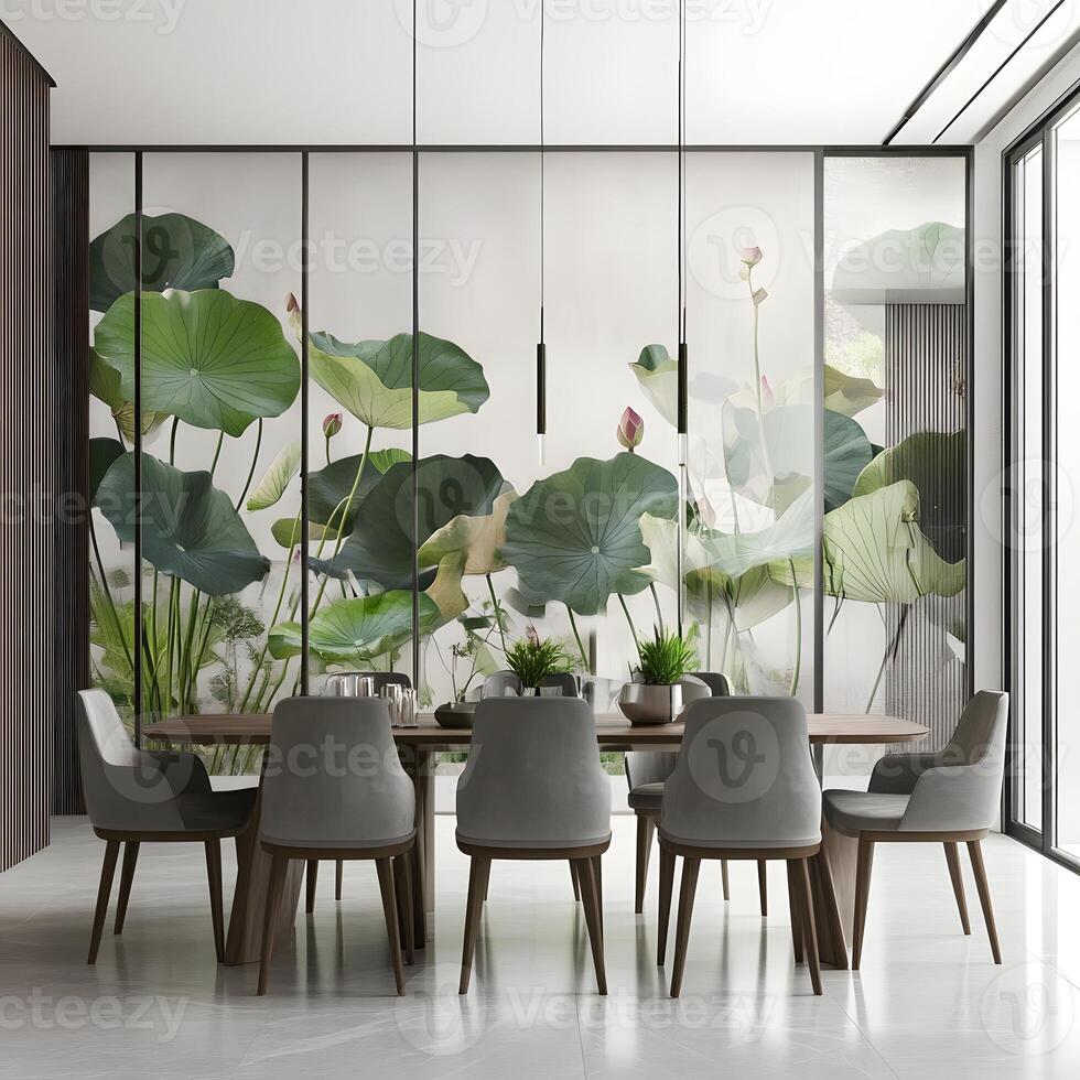 Interior of modern dining room with white walls, tiled floor, long wooden table with gray chairs and green plants on the walls. photo