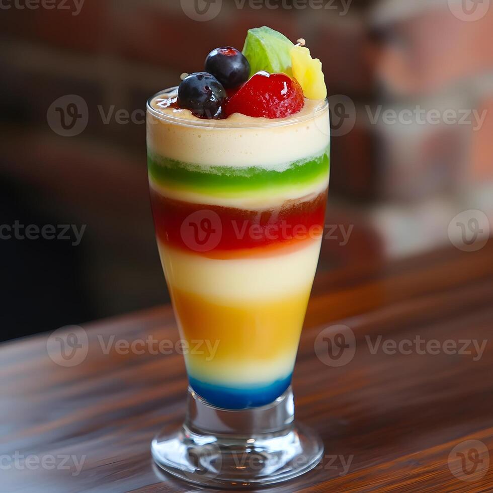 Colorful fruit dessert in a glass on a wooden table in a restaurant. multiple layers drink. photo