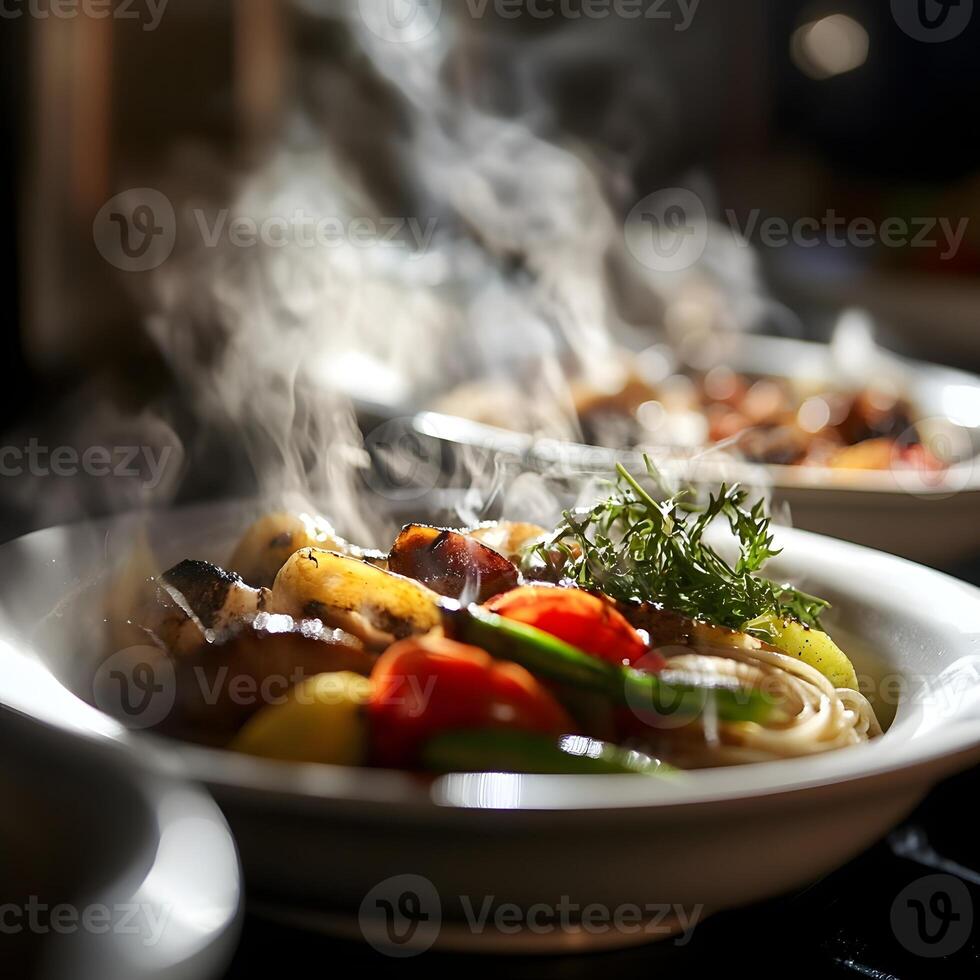 Steaming pasta with vegetables photo