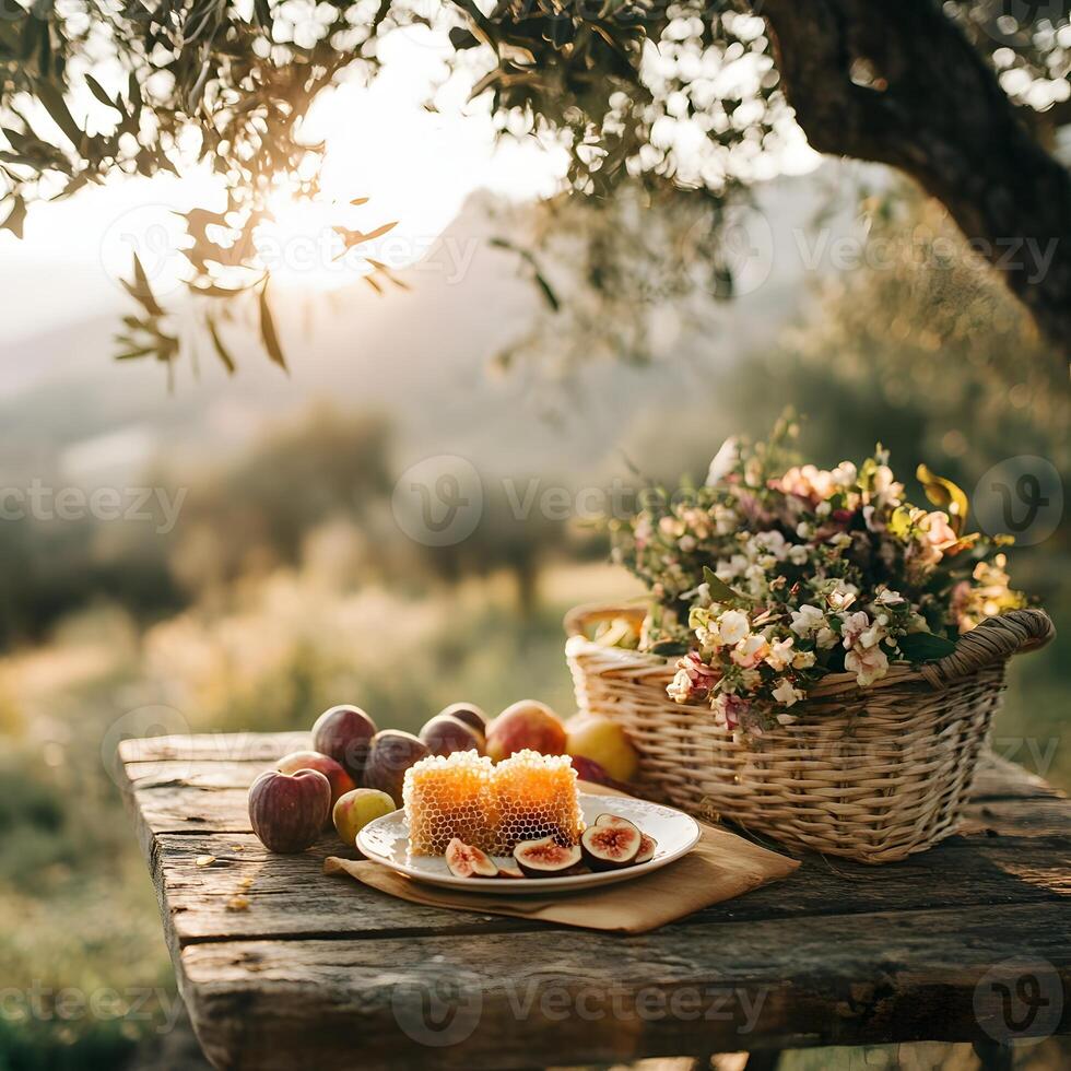 Fresh fruits and honey on a table photo