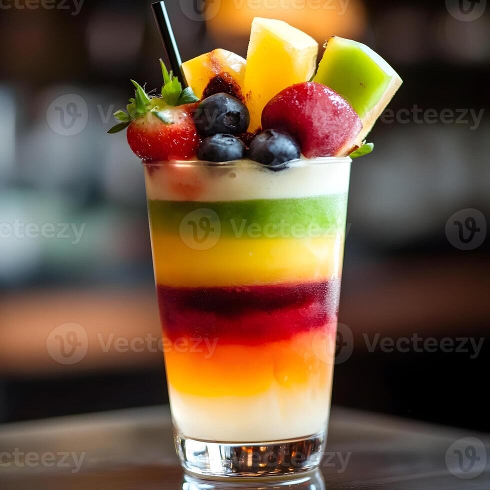 Fruit cocktail in a glass on a table in a restaurant. multiple layers drink. photo