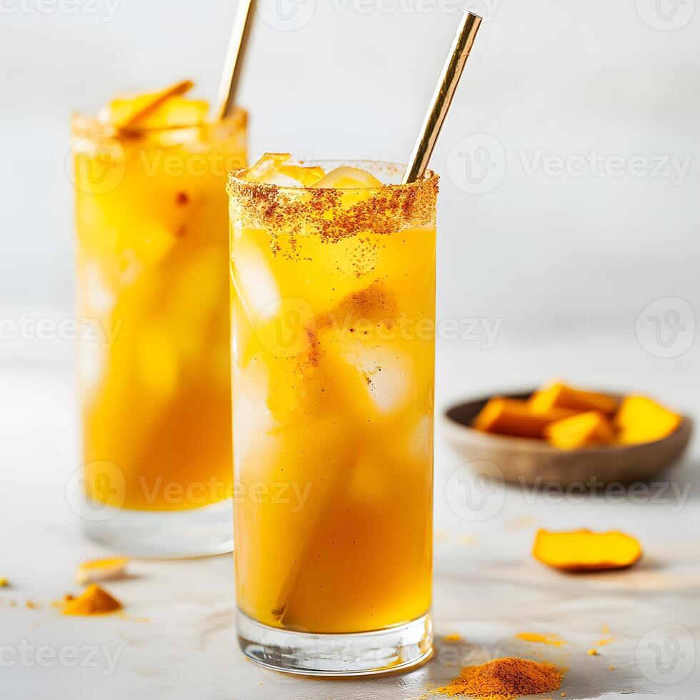 Healthy drink with turmeric, cinnamon and ice in a glass. photo