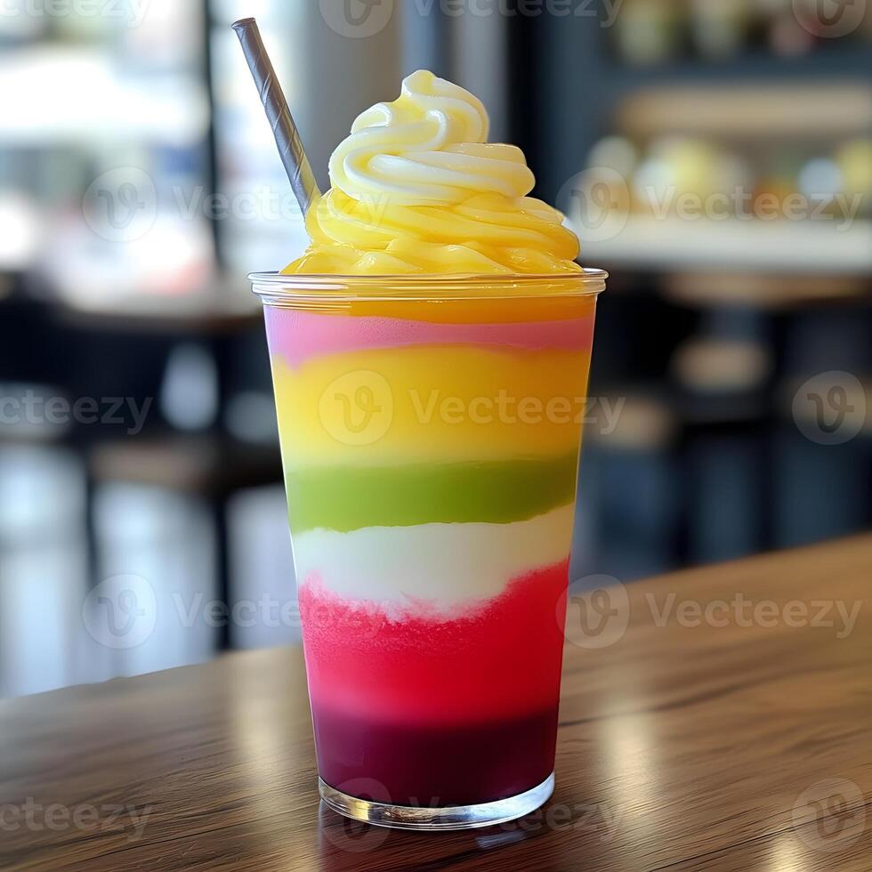 Colorful cold fruit layered drink in a glass on a wooden table. multiple layers drink. photo