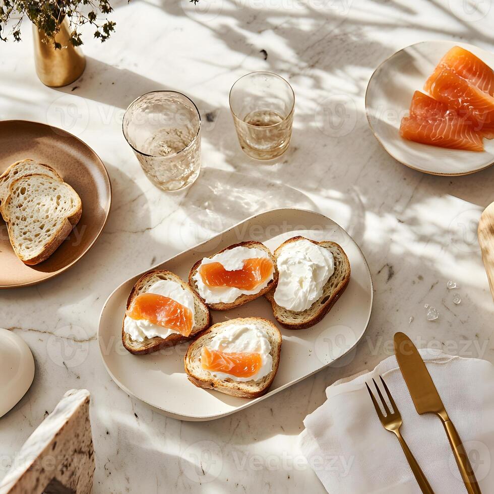 Toast with salmon and creamy spread photo