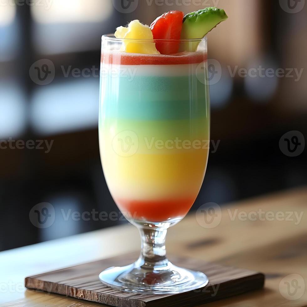 Colorful cocktail in a glass on a wooden table in a cafe. selective focus, multiple layers drink. photo