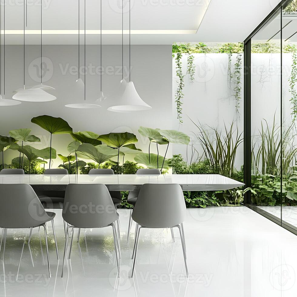 Interior of modern dining room with green plants. photo