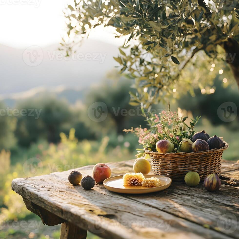 Fresh fruits and honey on a table photo