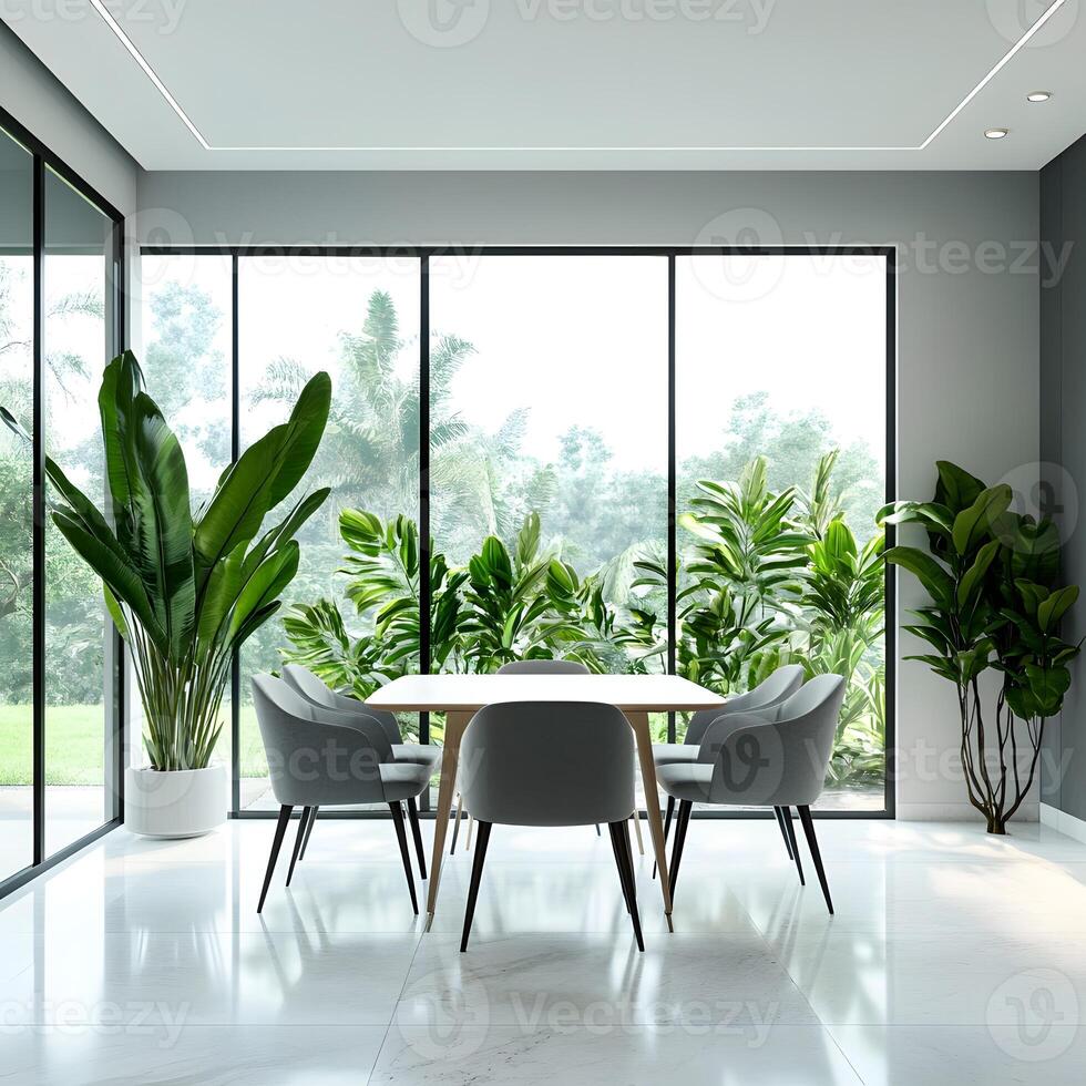 Interior of modern dining room with white walls, tiled floor, table with gray chairs and green plants. photo