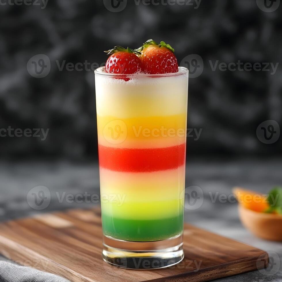 Colorful layered drink with strawberries in a glass on a dark background. multiple layers drink. photo