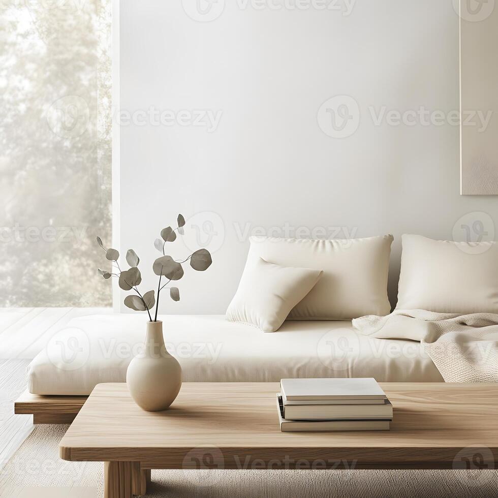 Modern living room interior with white walls, wooden floor, comfortable white sofa and a vase with eucalyptus. mock up. photo