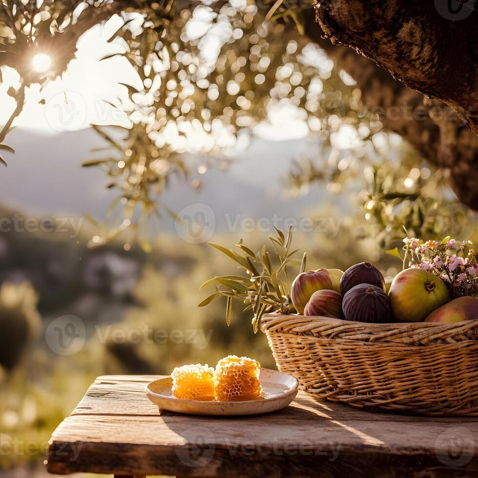 Honeycomb and fruits on a table photo
