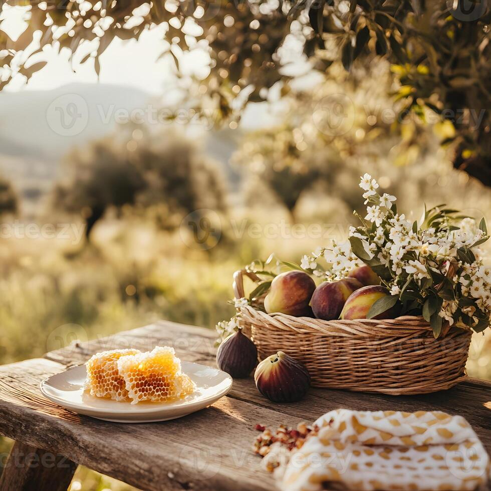 Honeycomb and fruits on wooden table photo