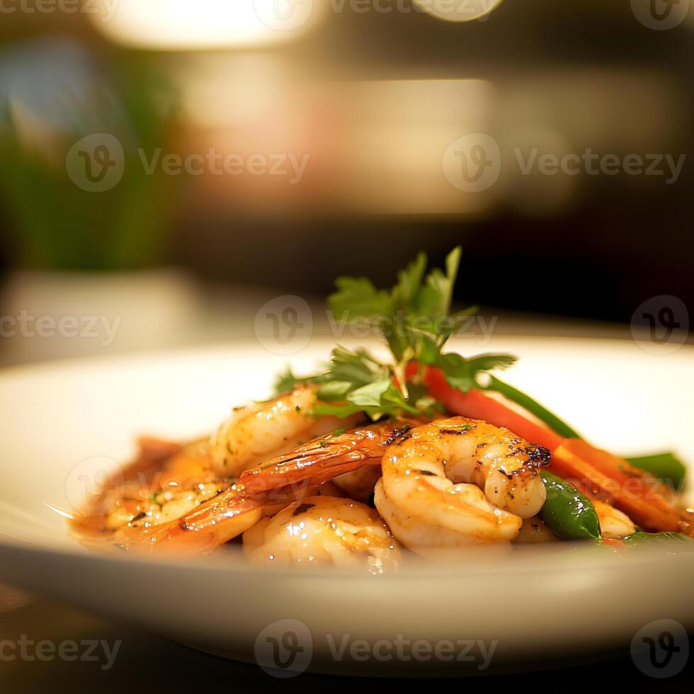 Grilled shrimp with vegetables on a plate photo