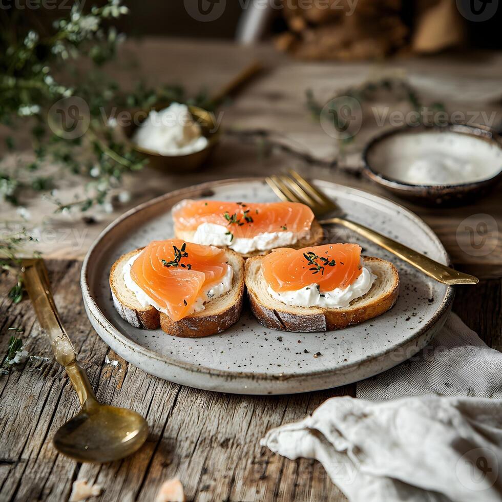 Smoked salmon toast with cream cheese photo
