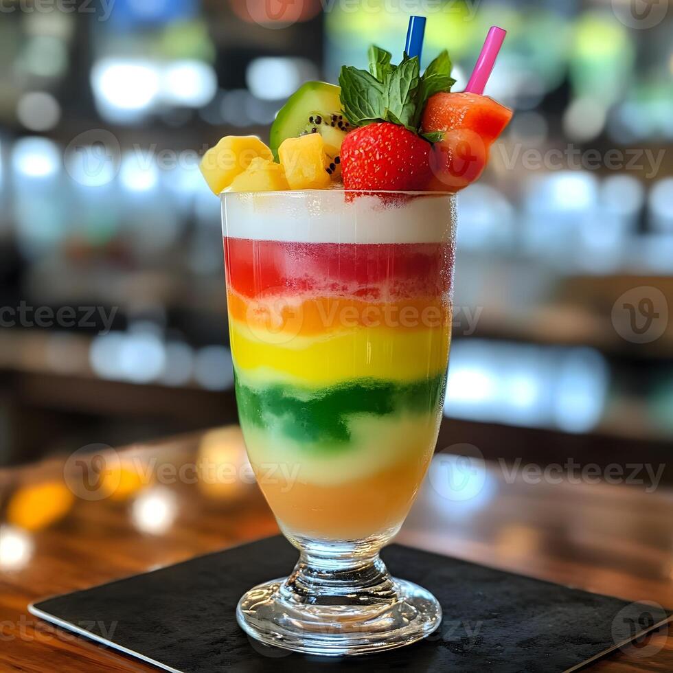 Colorful fruit dessert in a glass on a table in a cafe. multiple layers drink. photo