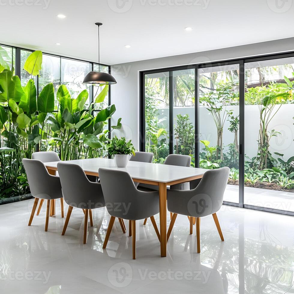 interior of modern dining room with white walls, full-length windows, concrete floor and green plants. photo