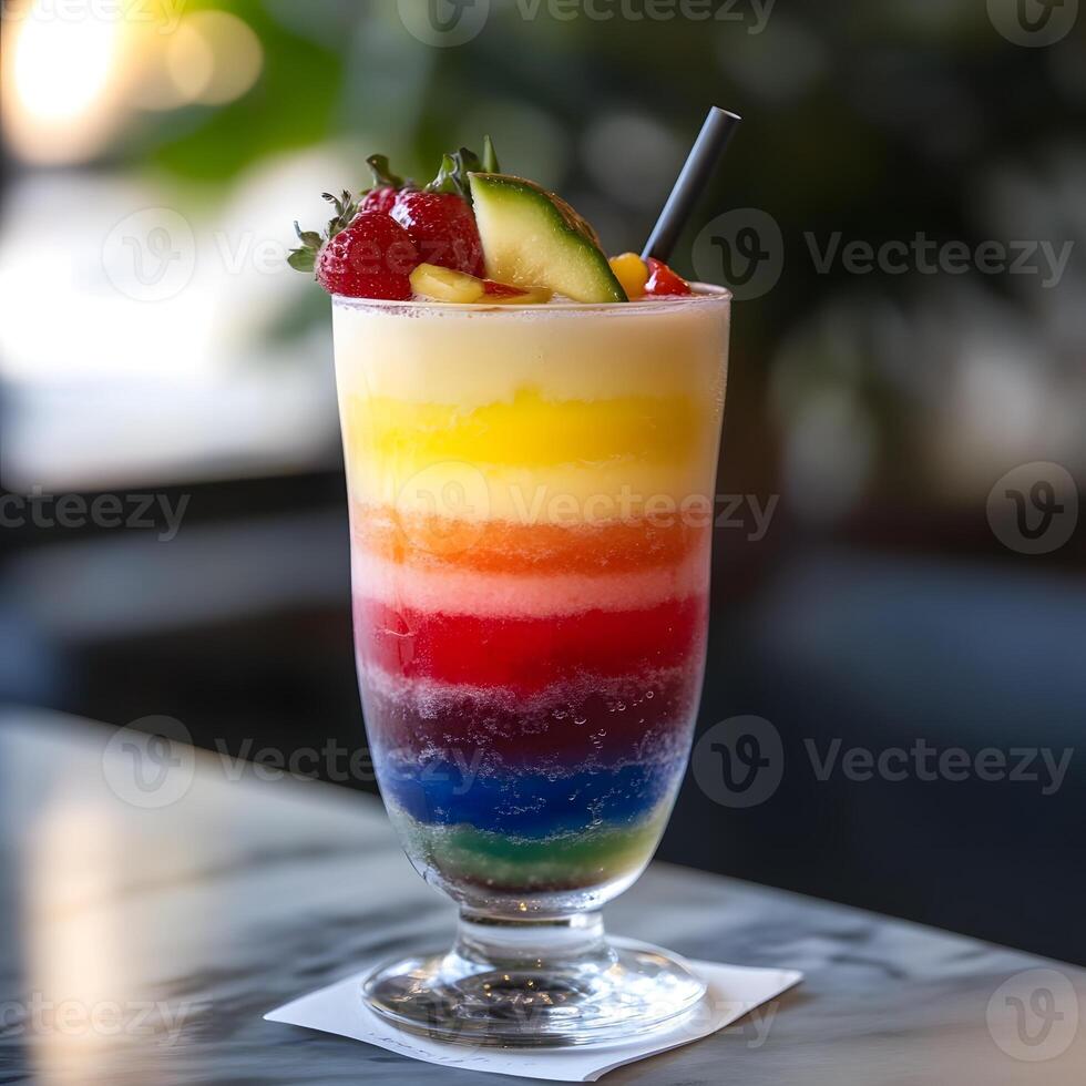 Colorful cocktail in a glass on a table in a restaurant. selective focus, multiple layers drink. photo