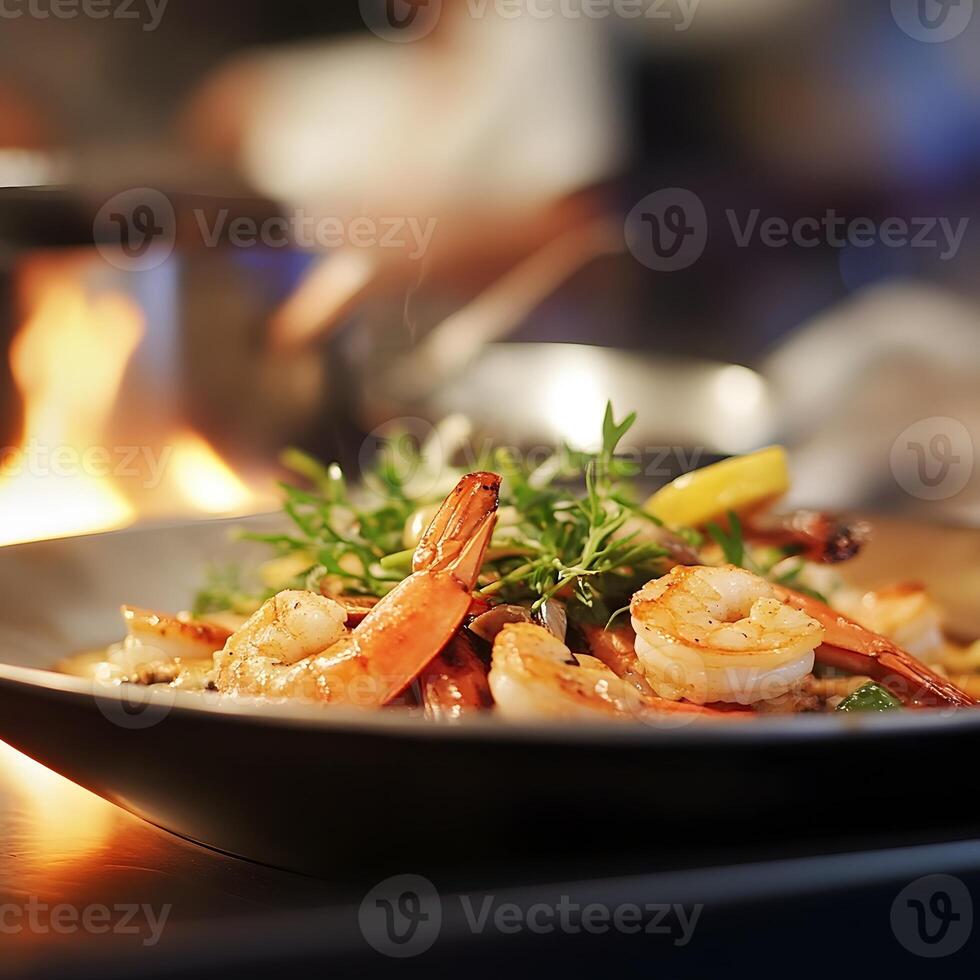 Shrimp dish with fresh herbs and lemon photo