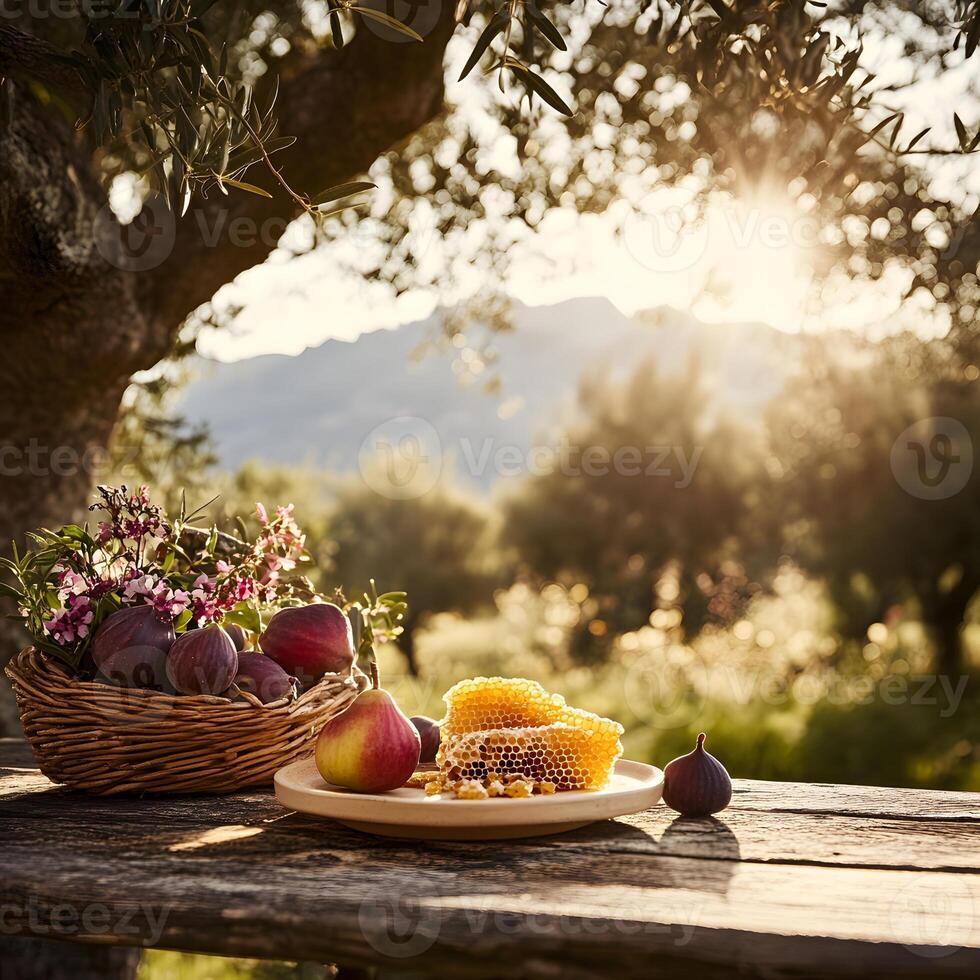 Fruits and honey on rustic table photo