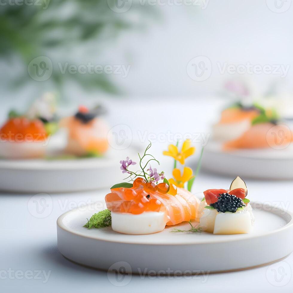 Delicious sushi with floral garnishes photo