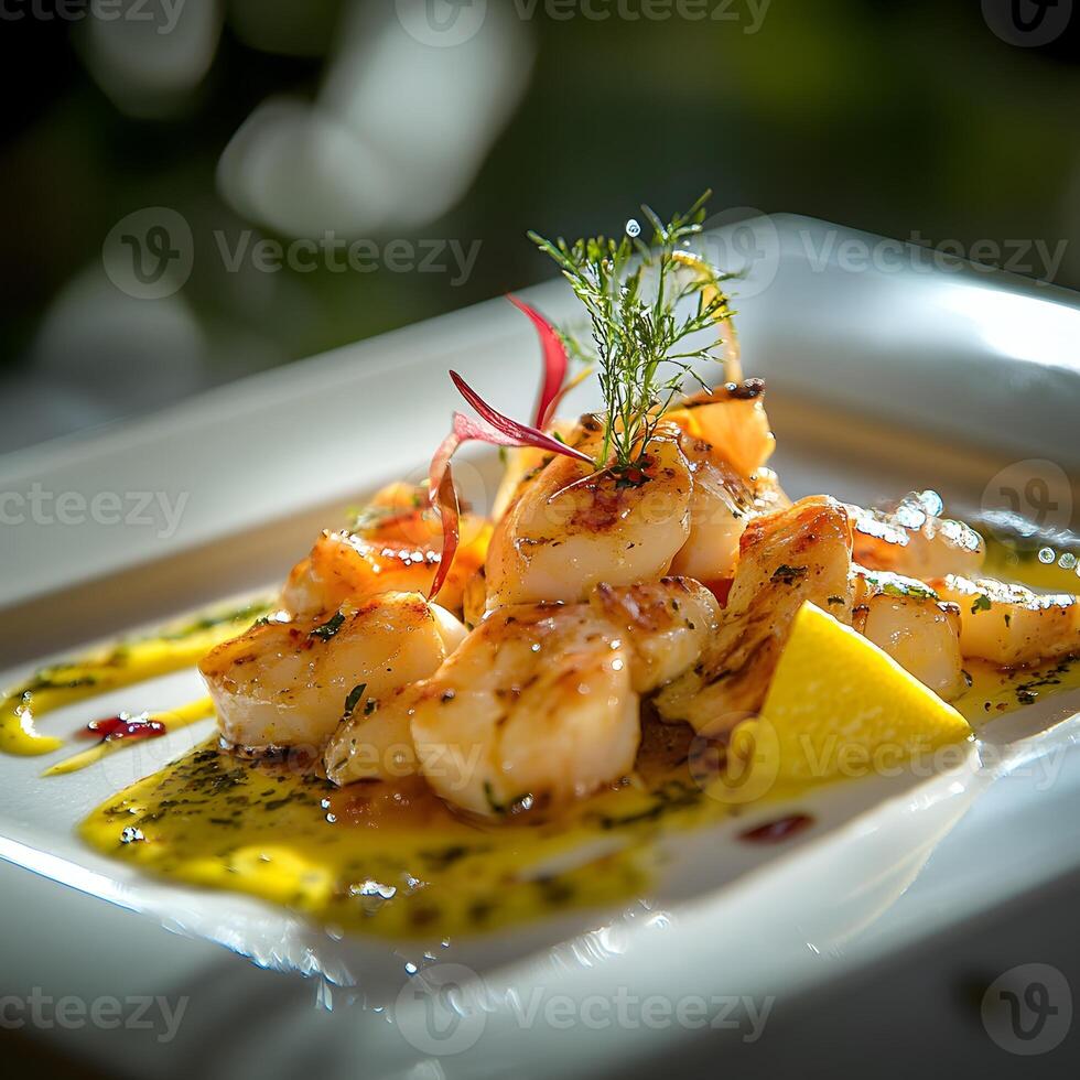 Grilled scallops on a white plate photo