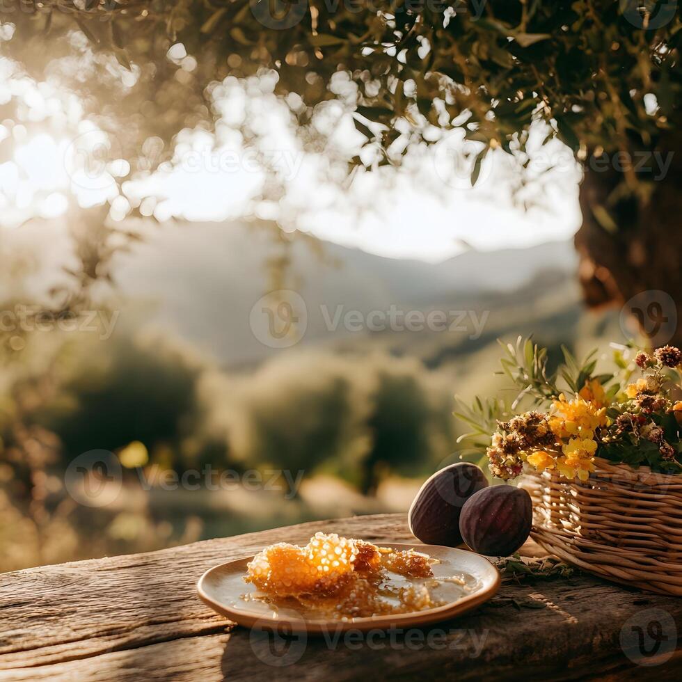 Plate of honey and fresh figs photo