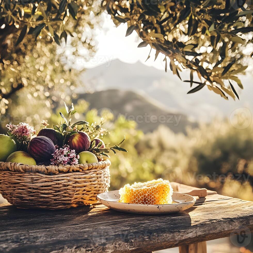 Fruits and honey on a wooden table photo