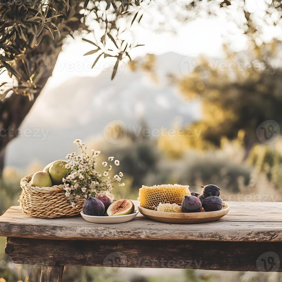 Fresh fruits and honey on wooden table photo