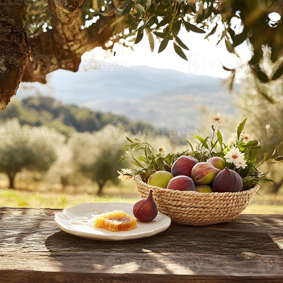 Fruits and honey on a rustic table photo