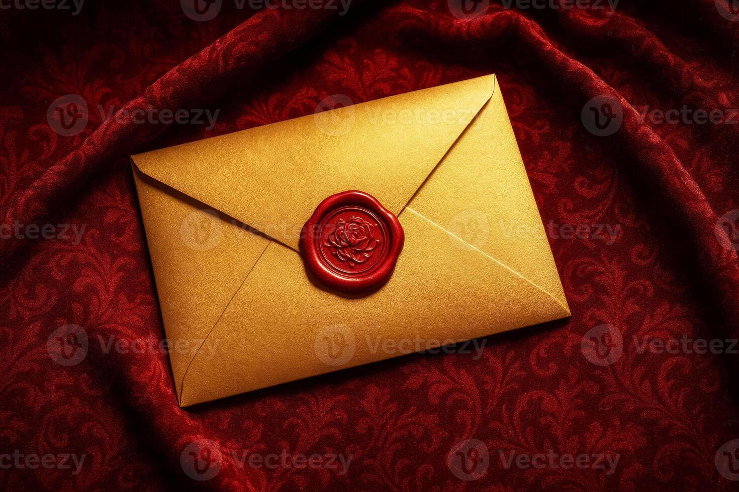 Golden envelope sealed with red wax stamp lying on red velvet fabric with floral pattern, top view photo