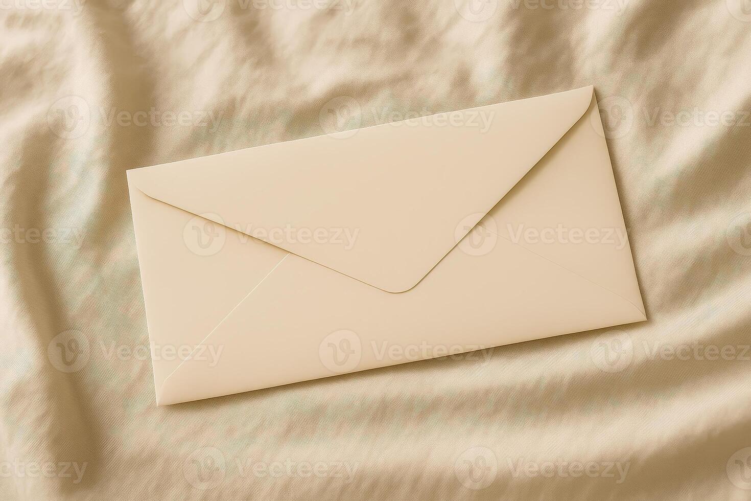 Beige envelope on soft fabric background. Elegant and simple stationery flat lay for mockup or design photo
