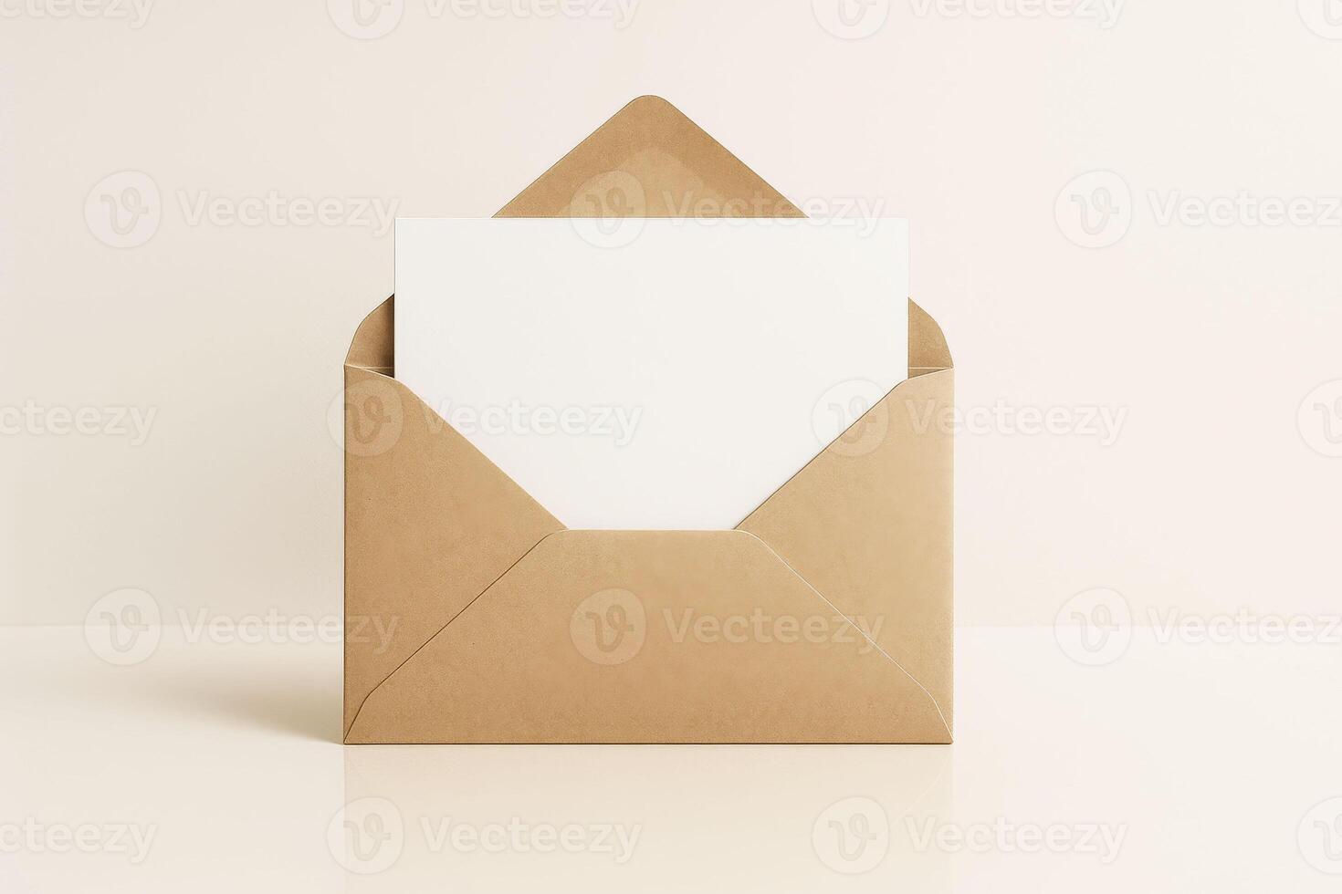 Blank white card inside kraft paper envelope on beige background, minimal stationery mockup for design and branding photo