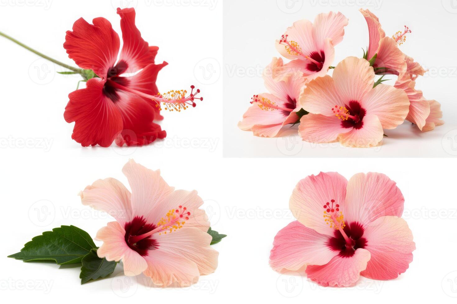 Collection of Stunning Hibiscus Flowers in Full Bloom Displaying Vibrant Colors on a Clean White Background Ready for Design photo