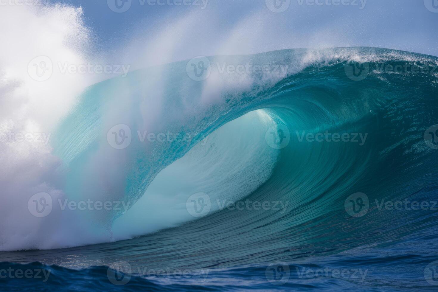 Powerful ocean wave forming a barrel with turquoise blue water creating dramatic sea scenery for surfing and water sports adventures and nature photography photo