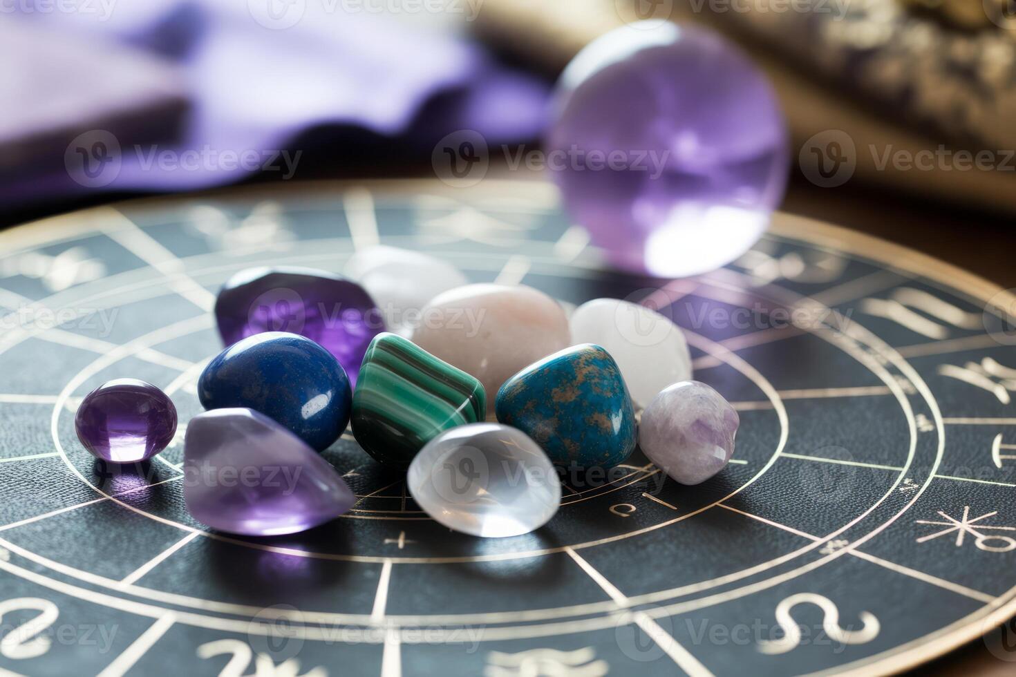 Crystals and Zodiac Signs for Astrology Divination and Spiritual Healing Practices in a Mystical Setting photo