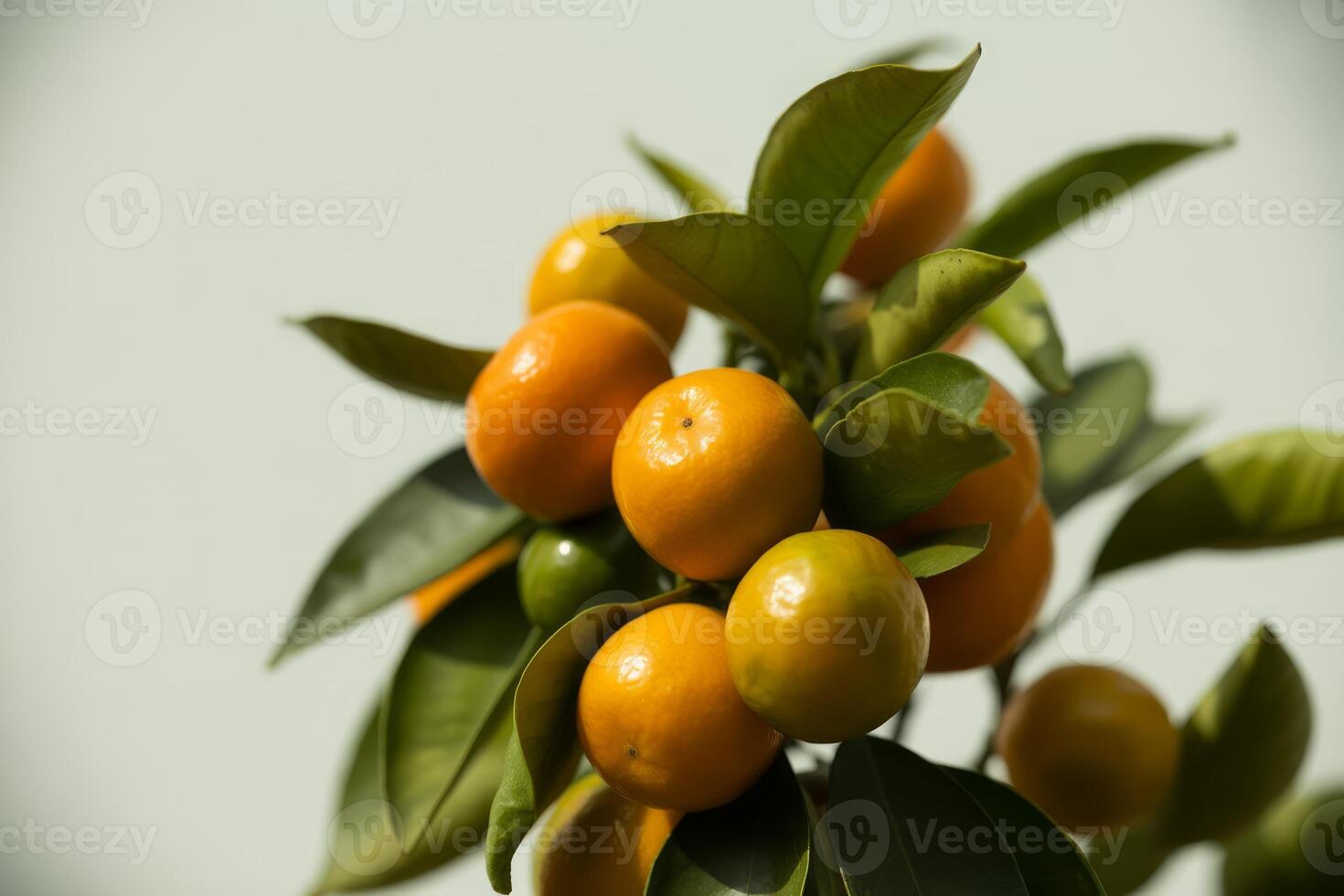 Vibrant Kumquat Tree Branch Laden with Ripe Fruit and Lush Green Leaves Against a Neutral Background Symbolizing Freshness and Natural Beauty photo