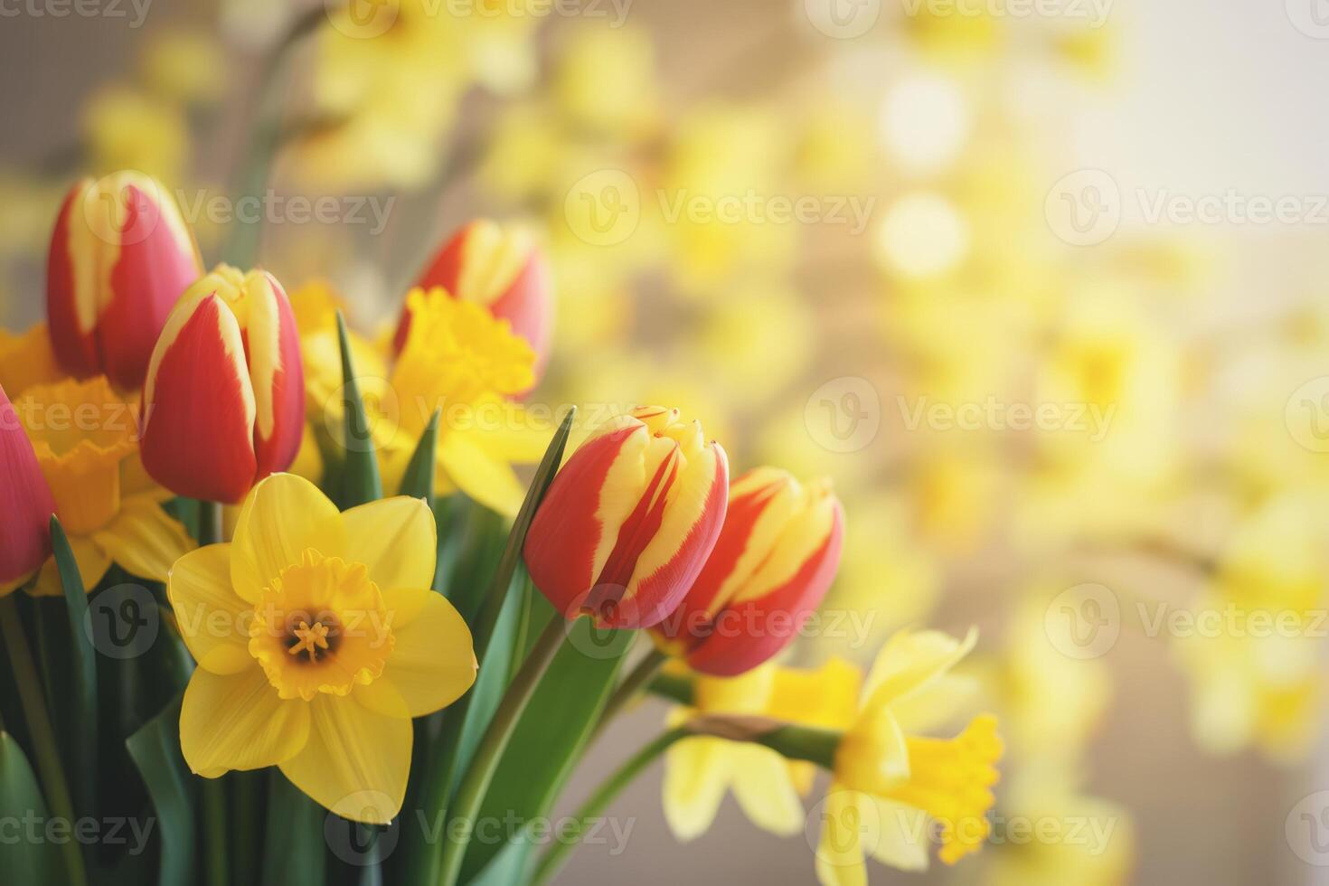 Vibrant Bouquet of Tulips and Daffodils Symbolizing Springtime Joy and Renewal in Soft Focus Setting photo