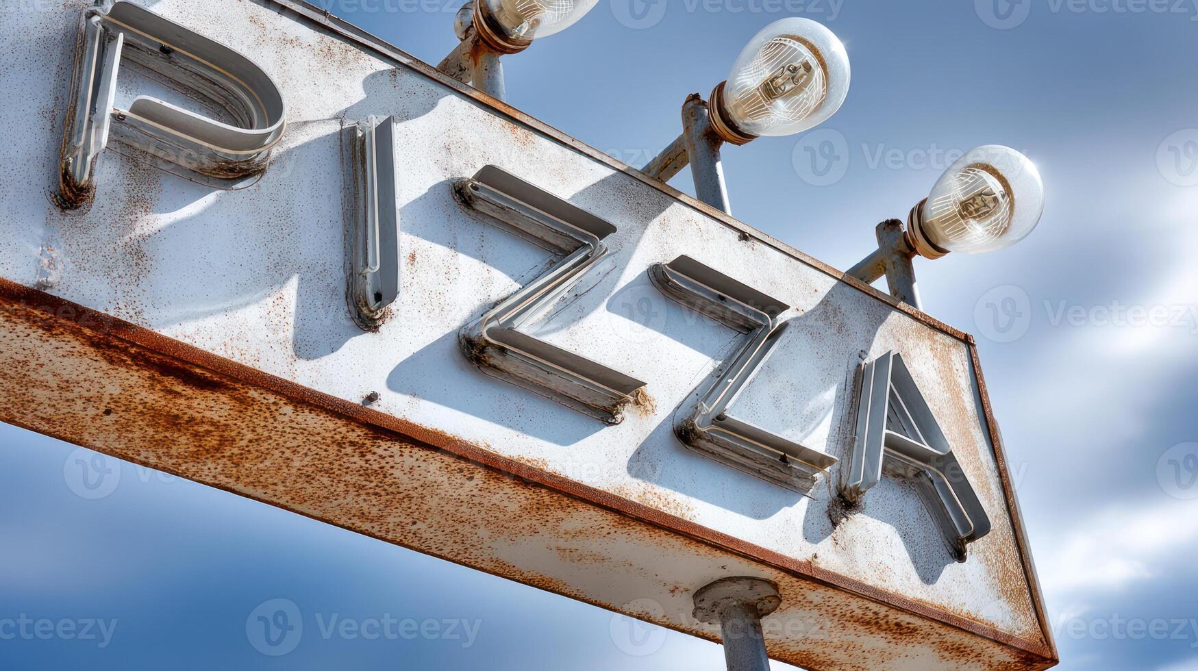 Rusty Pizza Sign With Light Bulbs Against Clear Sky photo