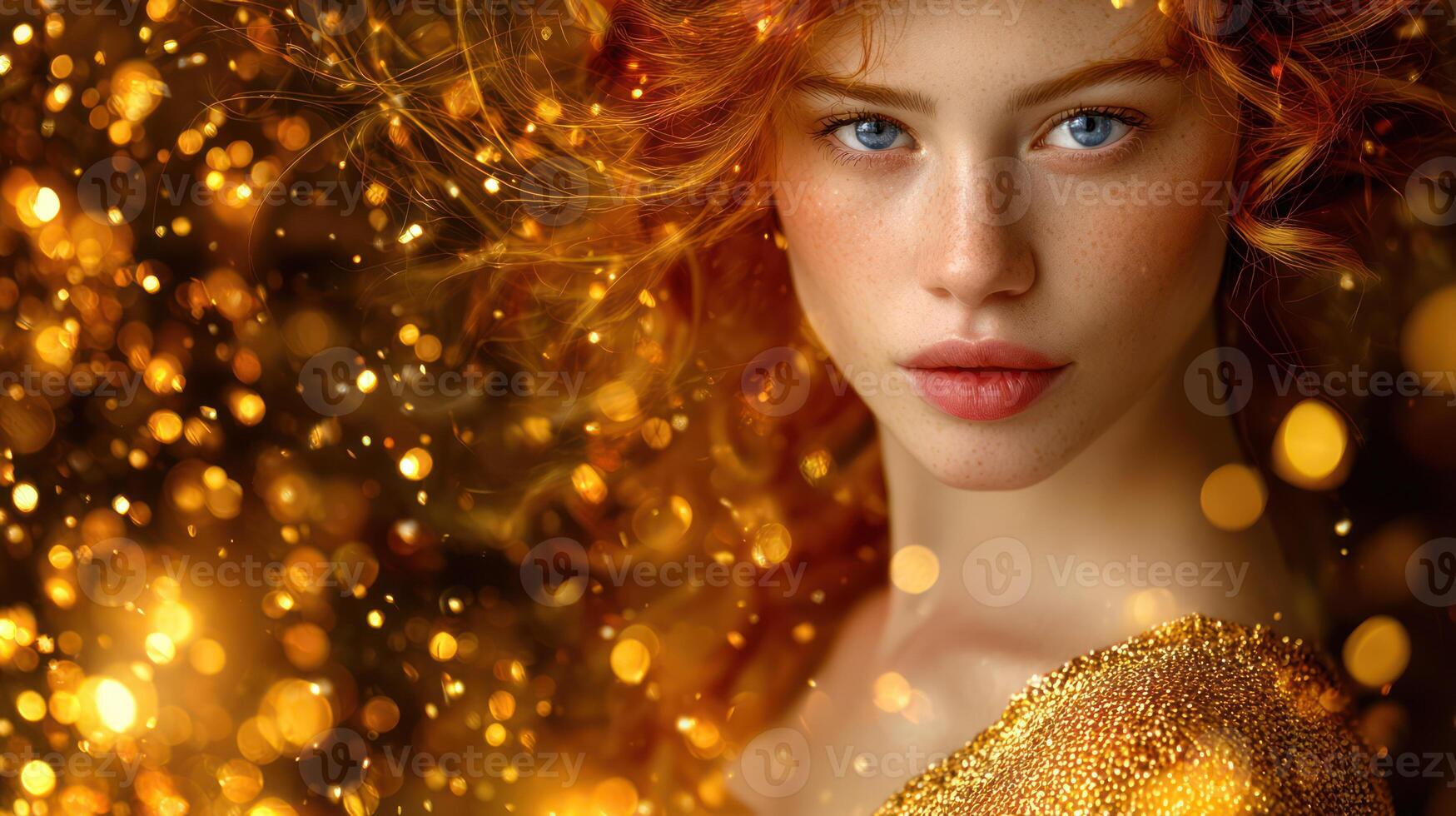 Red haired woman, sparkling golden light close up portrait photo
