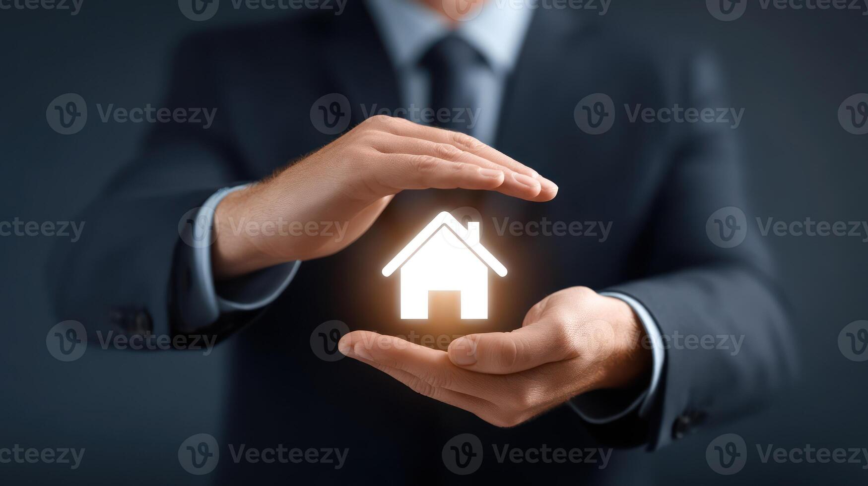Hands Protecting Glowing House Icon in Business Concept photo