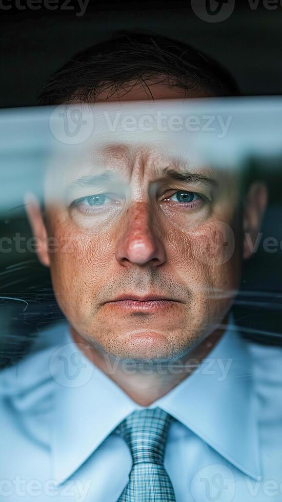 A man with a serious expression stares directly at the camera, framed by a blurred glass surface. He wears a light blue shirt and a patterned tie, with deep-set blue eyes. photo