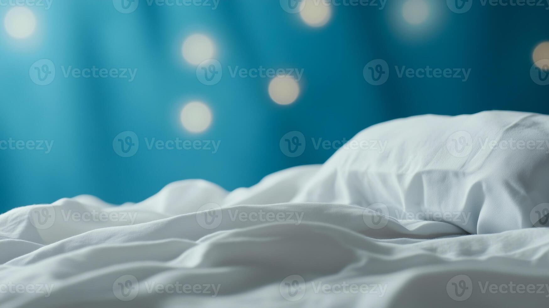 A neatly arranged white bedspread with a fluffy pillow rests on a soft surface. The background features a soothing blue hue with soft, blurred circular lights. photo