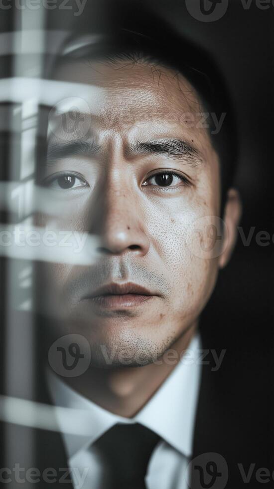 A man in a suit gazes intently through a glass partition, his expression serious. The glass creates a blurred effect, contrasting with his sharp features and dark attire. photo
