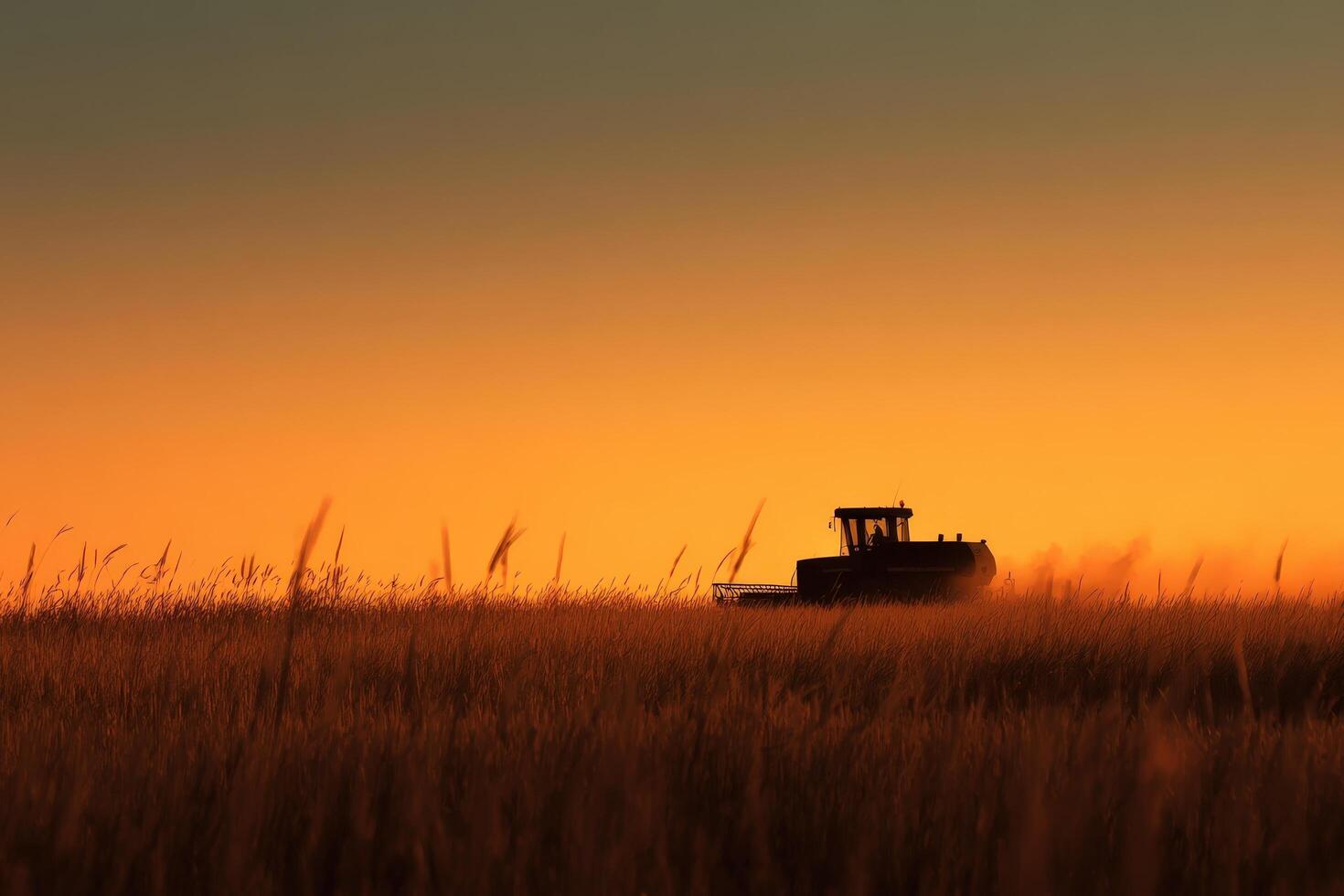 Harvesting at sunset in a vast golden field with a silhouette of a tractor photo