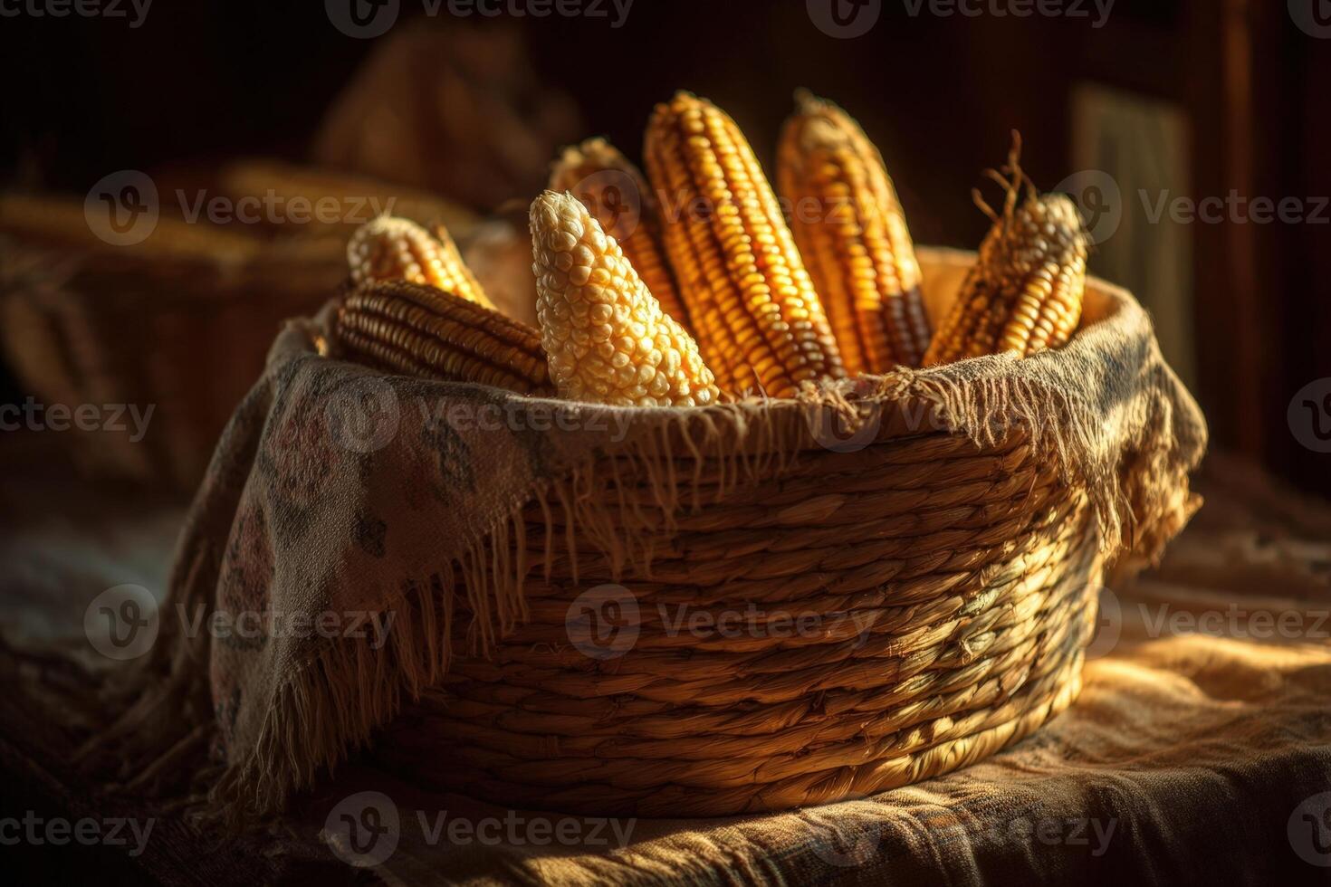 Warm light highlighting a woven basket filled with corn in a rustic setting during early morning hours photo