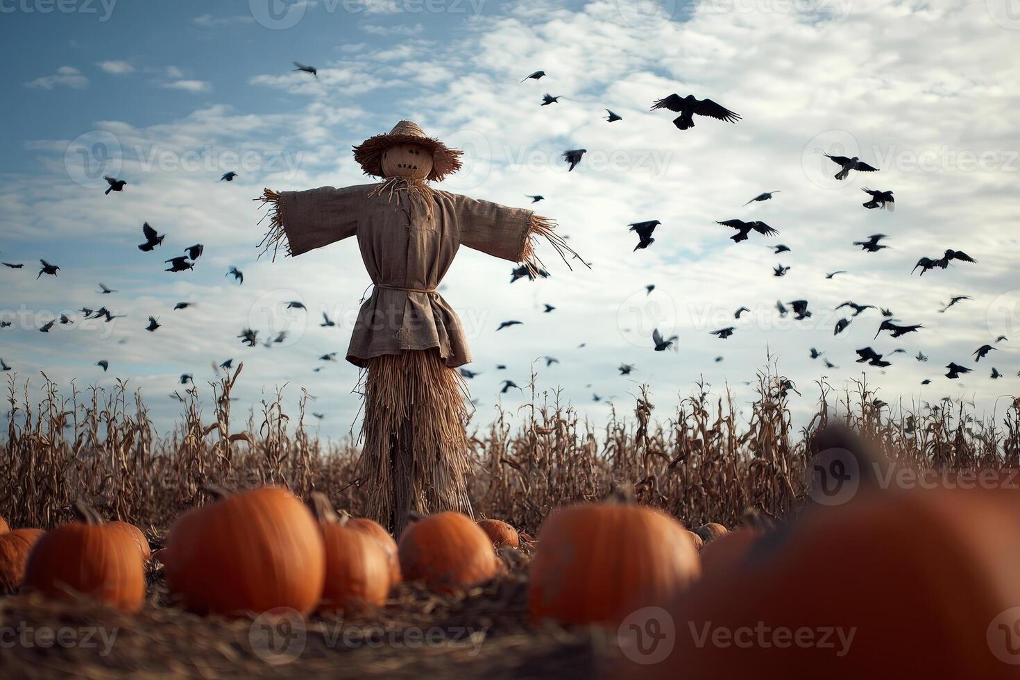 Pumpkin patch with scarecrow standing amidst pumpkins and crows flying in the sky at dusk in a rural setting photo