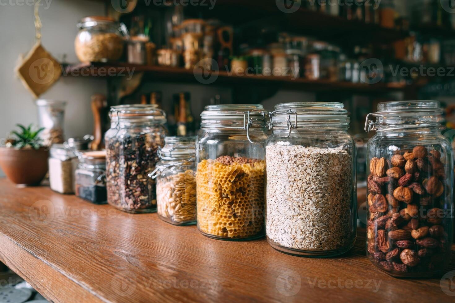 Colorful jars filled with grains, nuts, and dried fruits displayed on a wooden shelf in a cozy kitchen setting photo