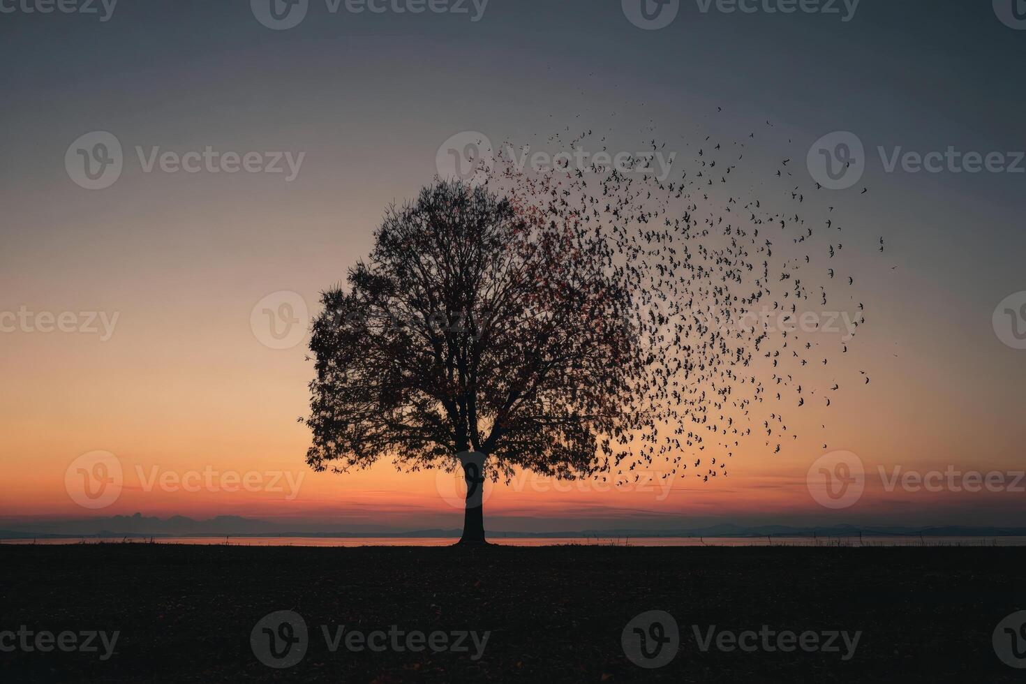 Tree silhouetted against a sunset with birds flying away, creating an ethereal atmosphere at dusk photo