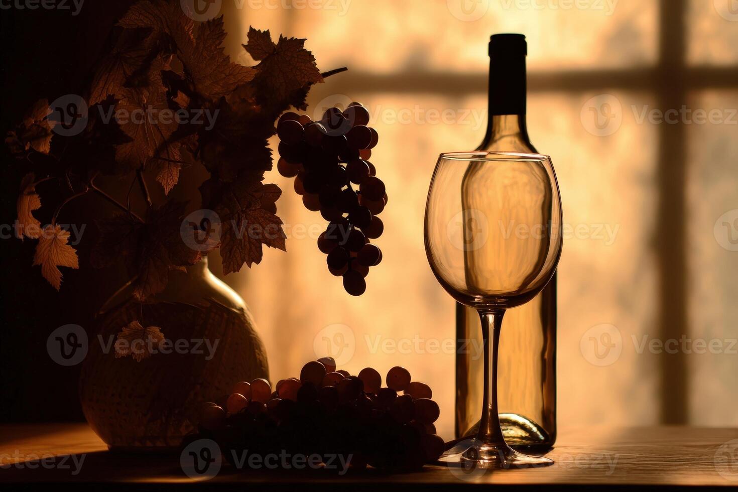 Enjoying a glass of wine with fresh grapes in an elegant setting at sunset photo