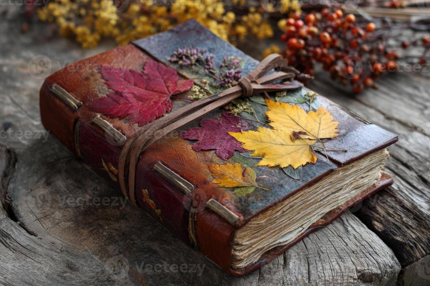 Handmade leather journal adorned with colorful pressed leaves on a rustic wooden background photo